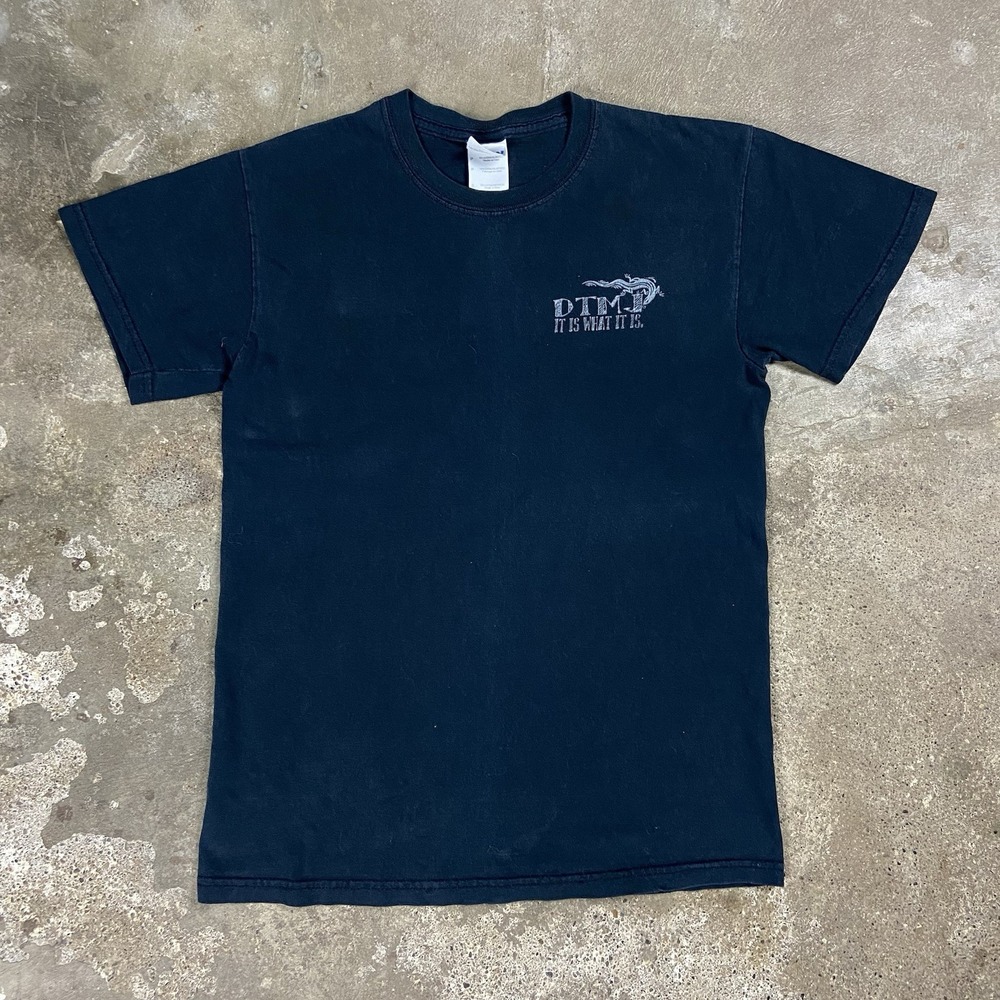Vintage 90s DTMJ T-Shirt Size Small Black It Is What It Is Bar Alcohol Logo